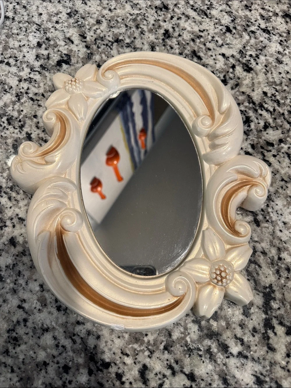 Vintage mid century chalkware framed floral mirror